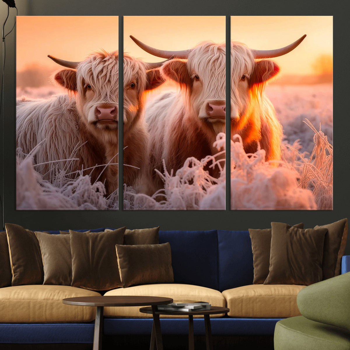 Highland Cows at Sunrise Wall Art Canvas Set – Serene and