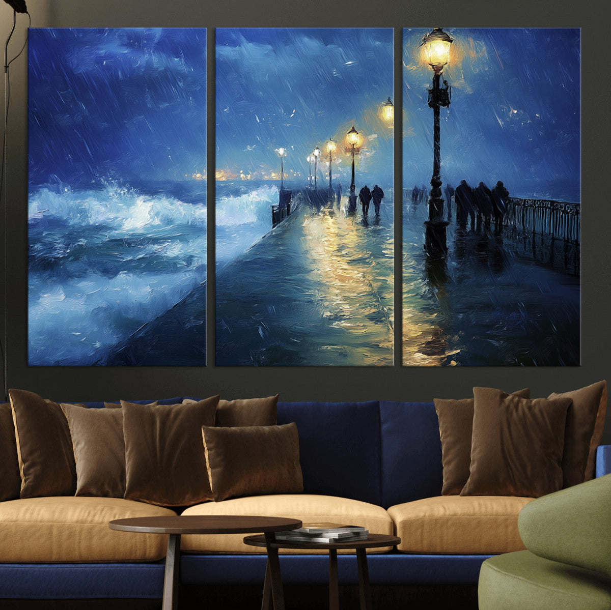 Storm Ocean Pier Canvas Wall Art Print - Large Moody Night