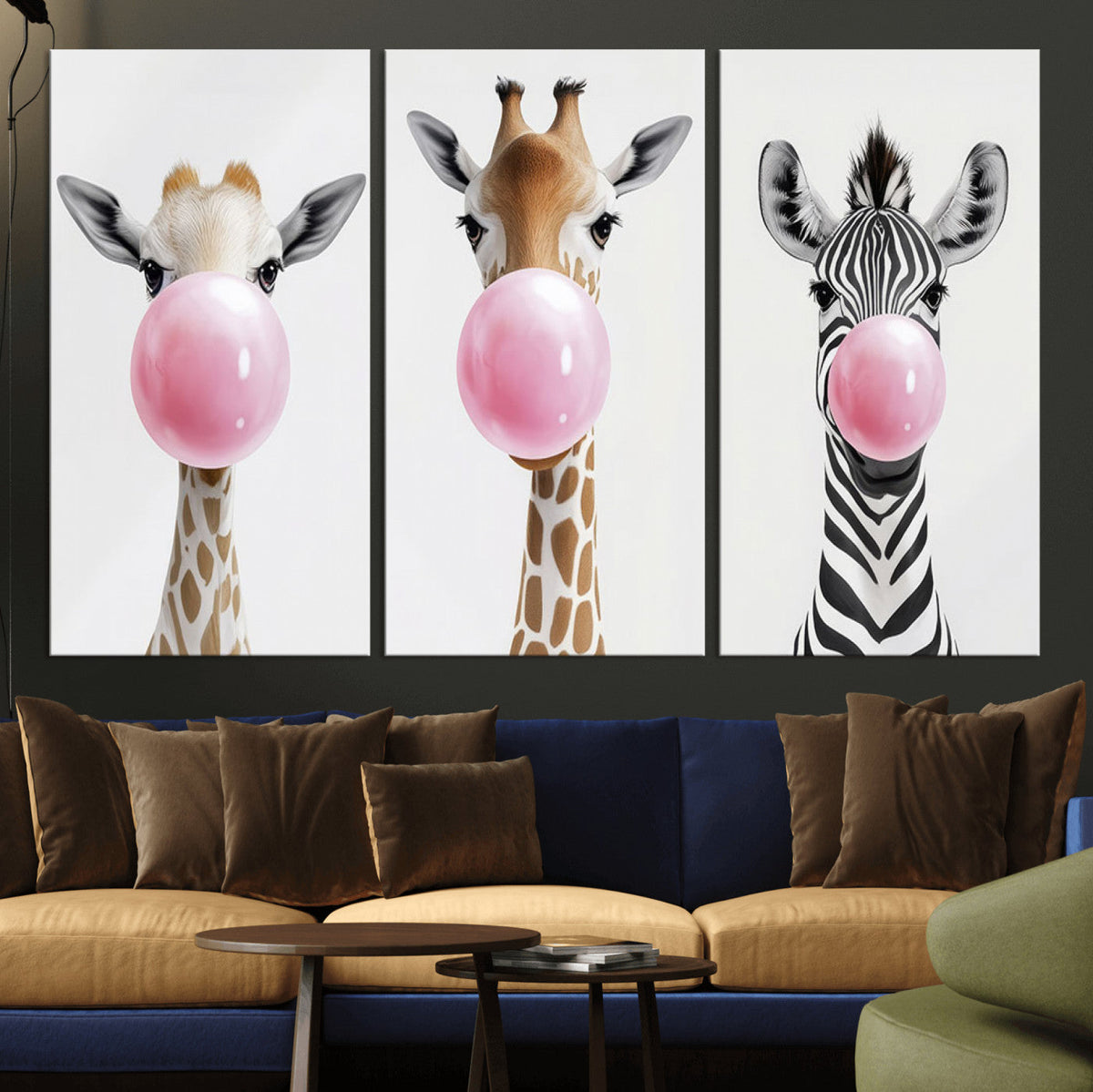 Bubblegum Animals Canvas Wall Art - Playful Giraffe and