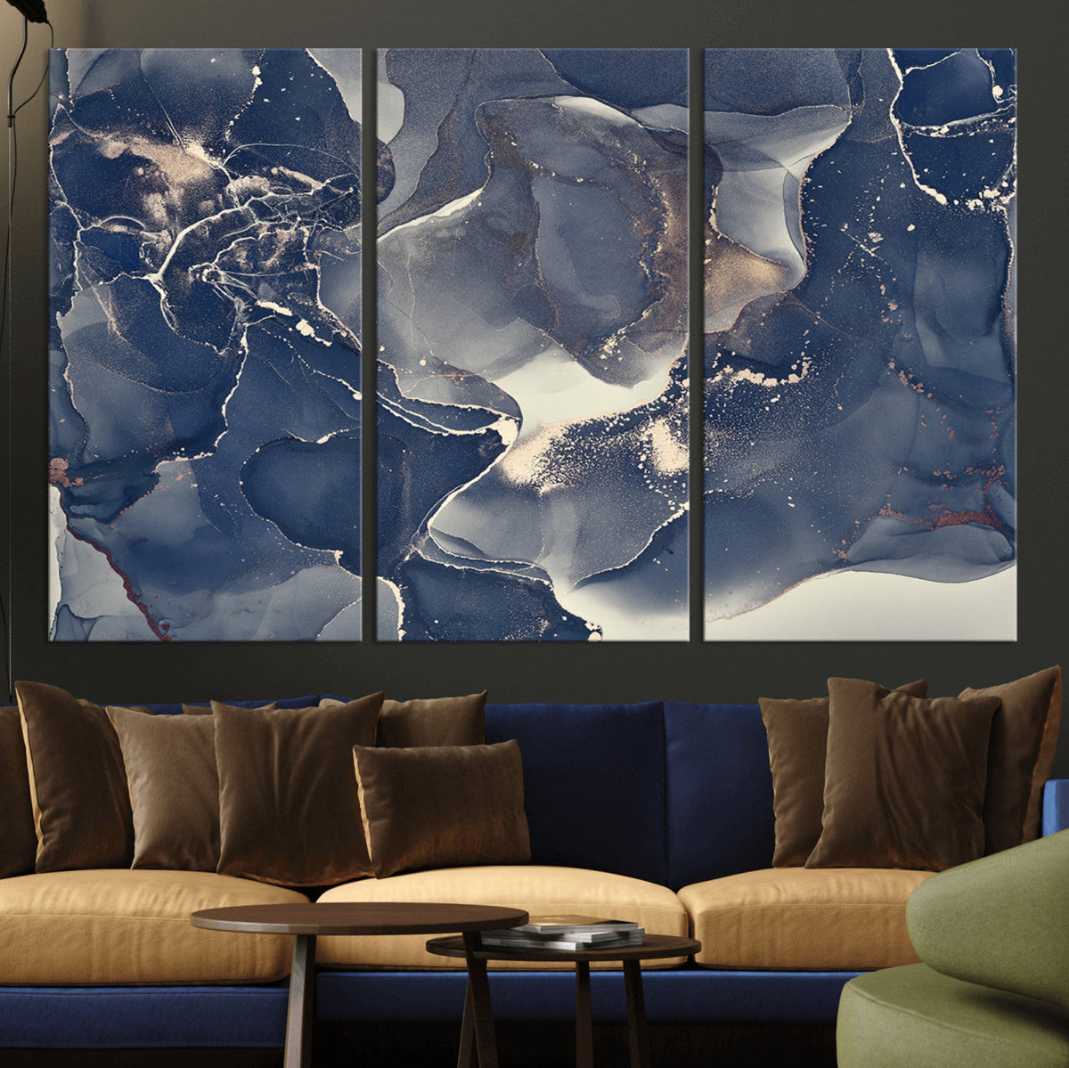 Large Abstract Blue and Gold Canvas Wall Art Fluid Ink