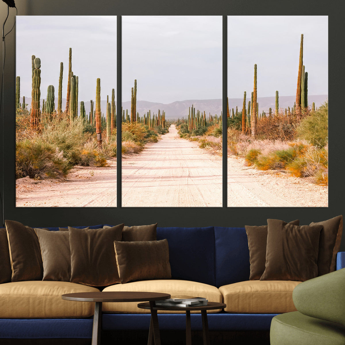Desert Cactus Lined Road Wall Art Canvas Print – Framed