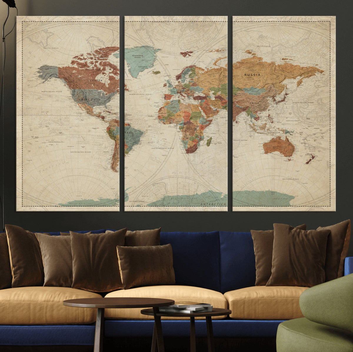 Vintage World Map Canvas Wall Art Print – Framed Modern