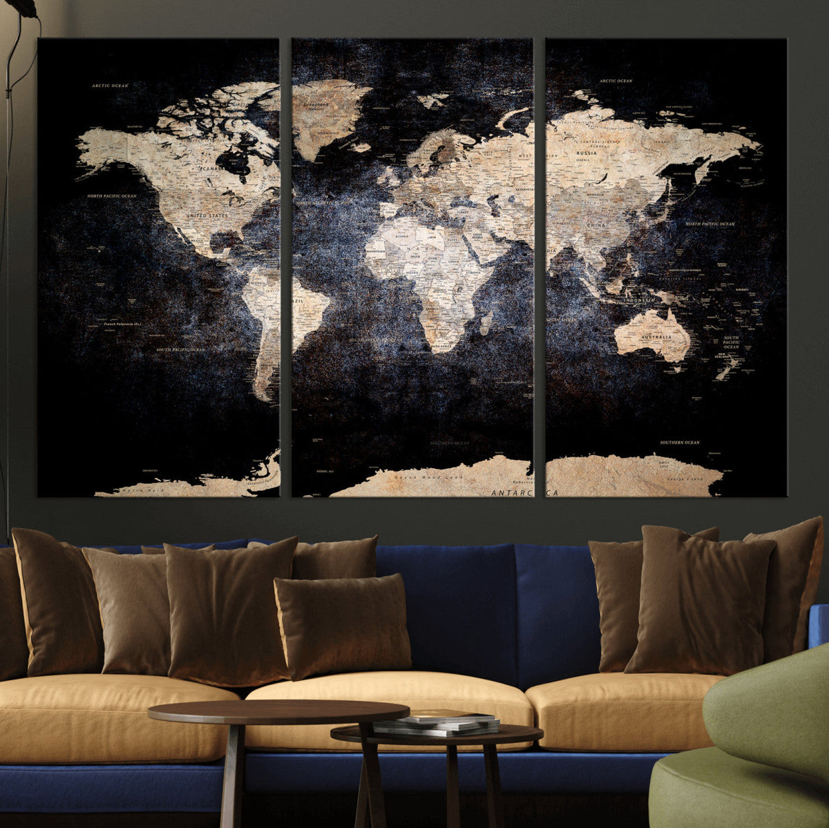Grunge World Map Wall Art | 3-Panel Large Beige and Brown