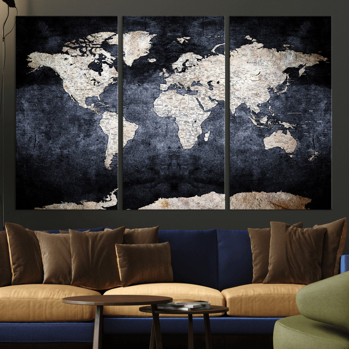 Vintage World Map Canvas Wall Art – Antique Triptych Map