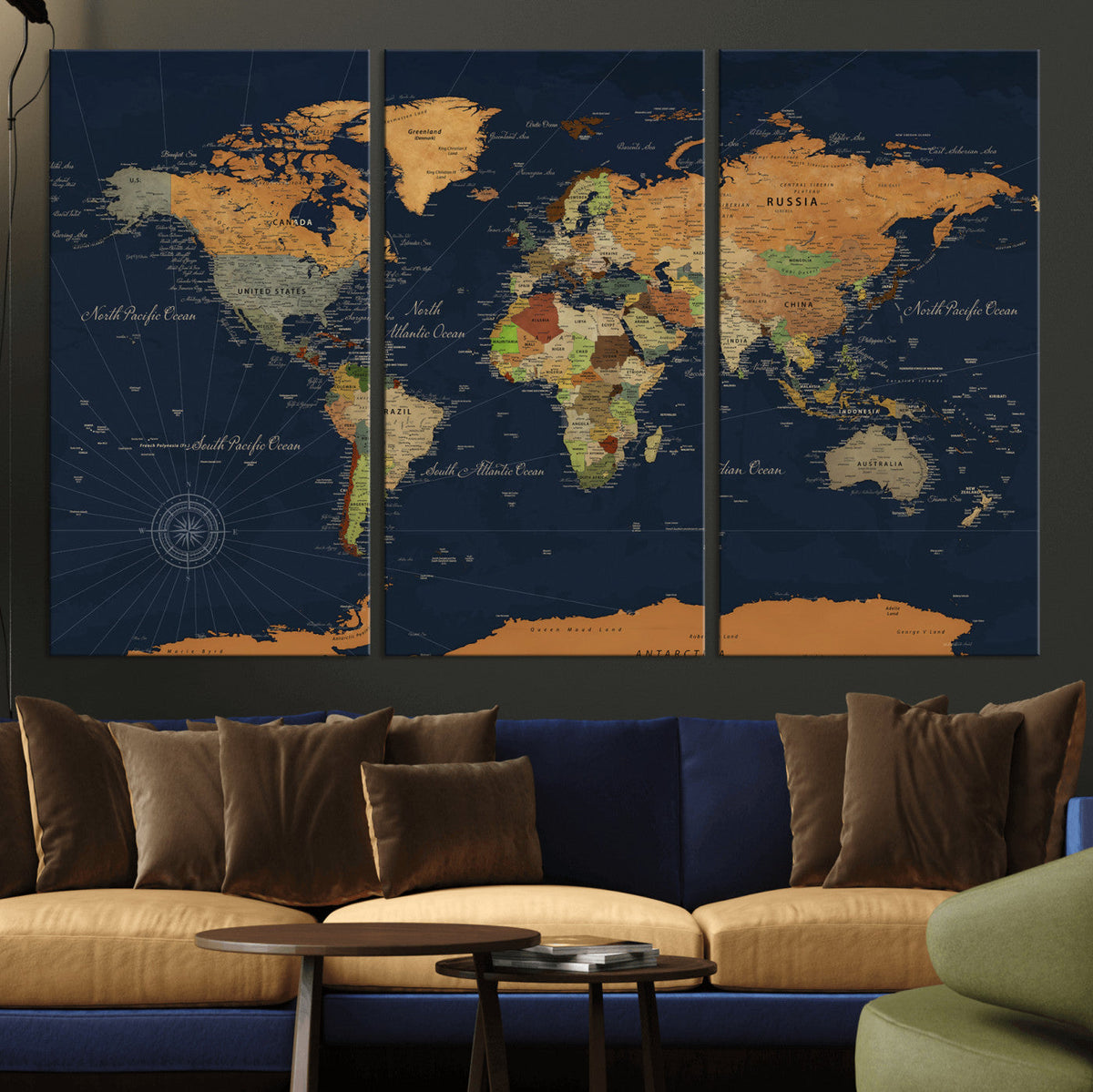 Modern World Map Canvas Print – Framed Detailed Map of the