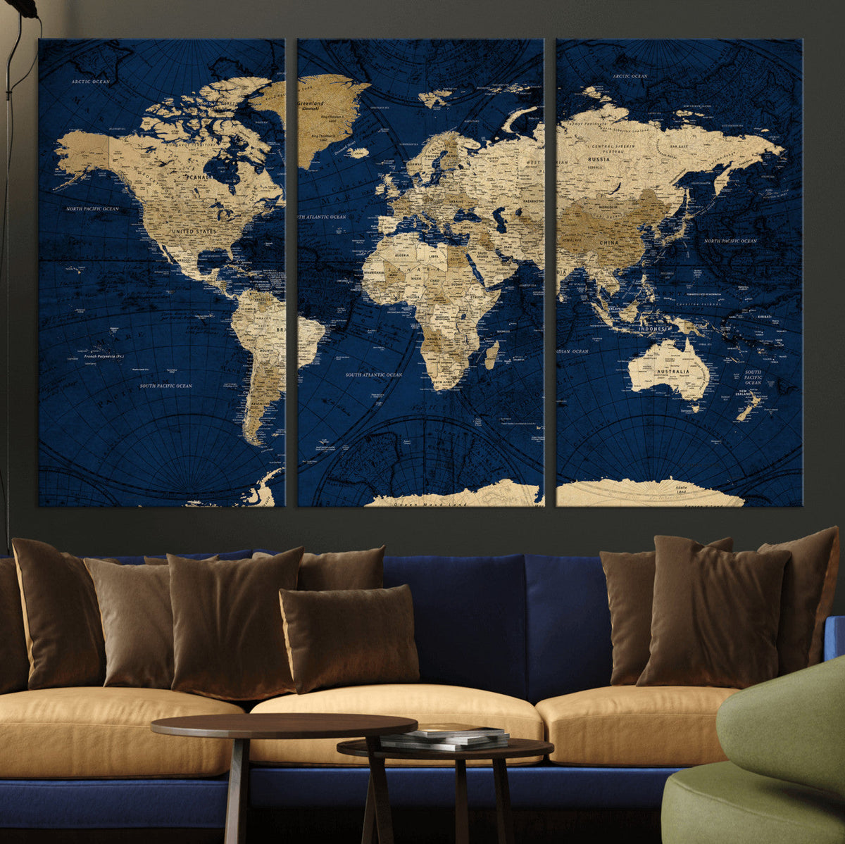 Navy Blue World Map Canvas Print – Detailed Map Minimal Navy