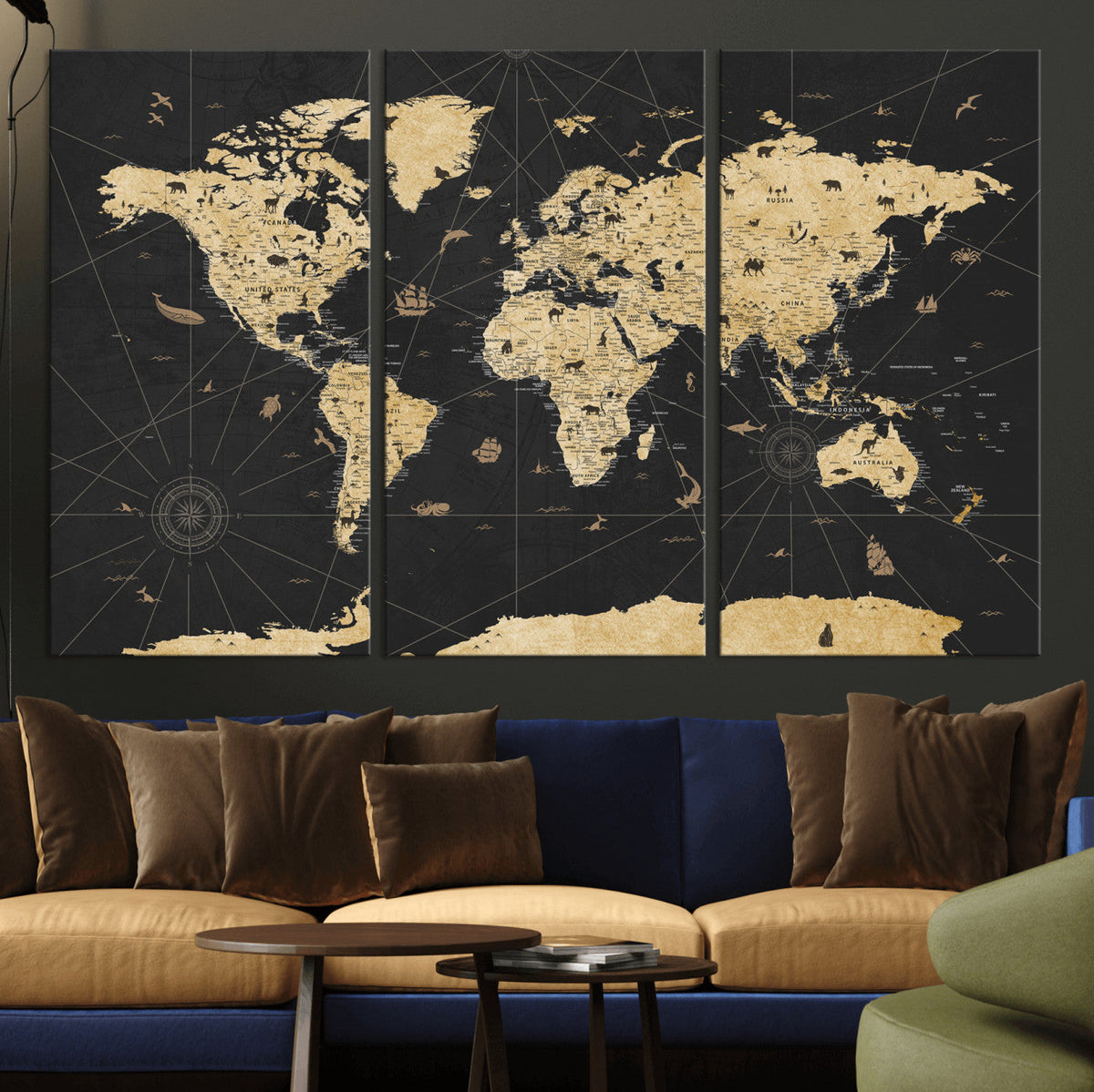 Vintage Blue and Brown World Map Canvas Wall Art – Framed