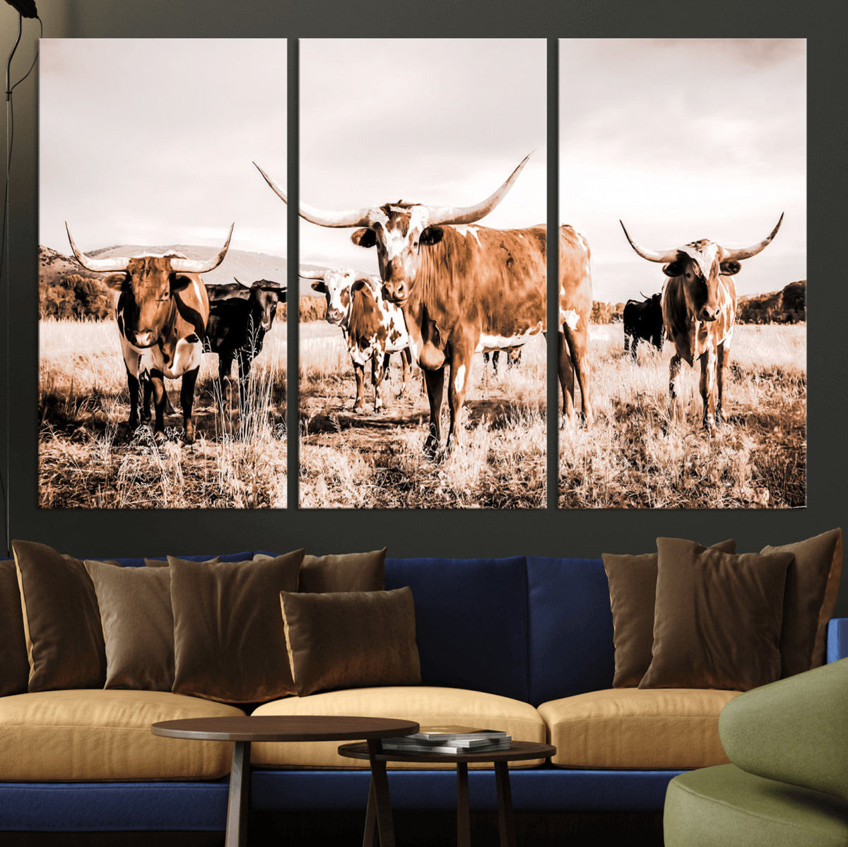 Texas Longhorn Cattle Wall Art Canvas Print, Sepia Western