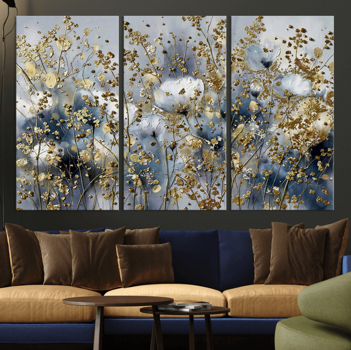 Abstract Floral Wall Art Canvas Print – Gold and Blue