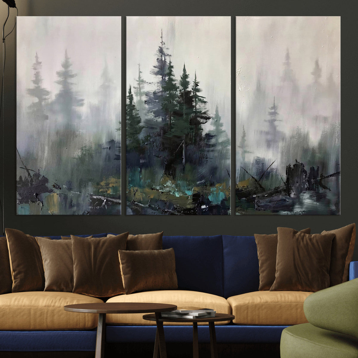 Misty Pine Forest Oil Painting Canvas — Dark Moody Teal Grey