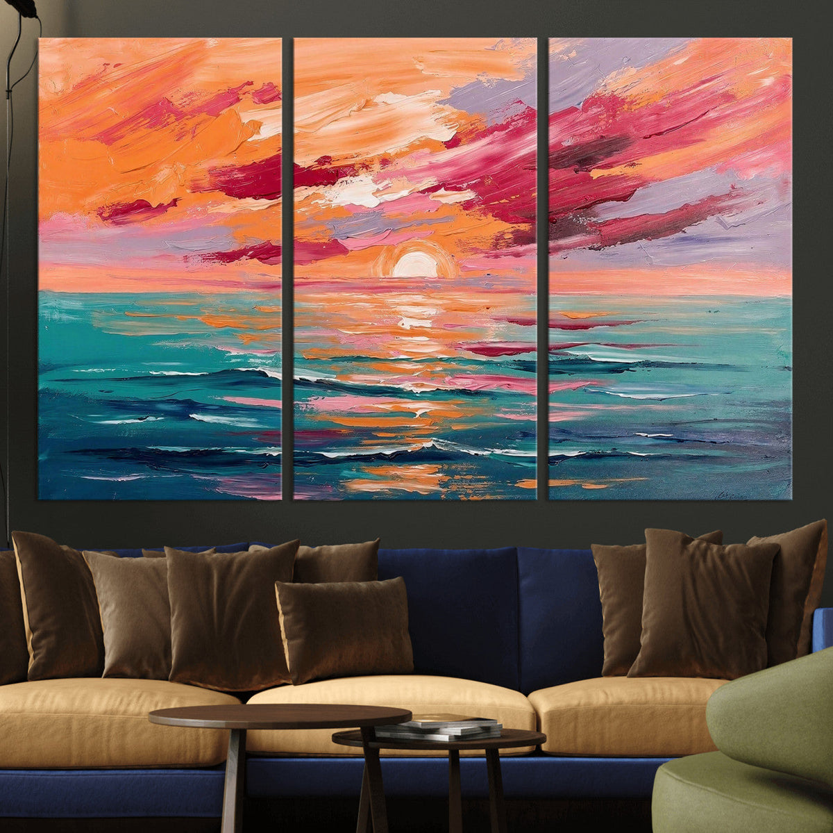 Bold Palette Knife Ocean Sunset Canvas — Orange Pink Teal