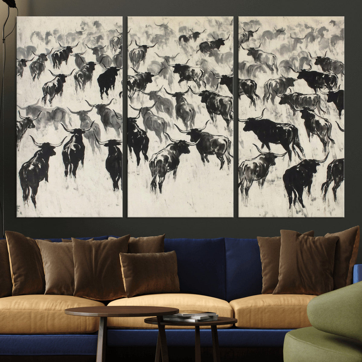 Longhorn Cattle Canvas Wall Art, Black White Stampede Ink
