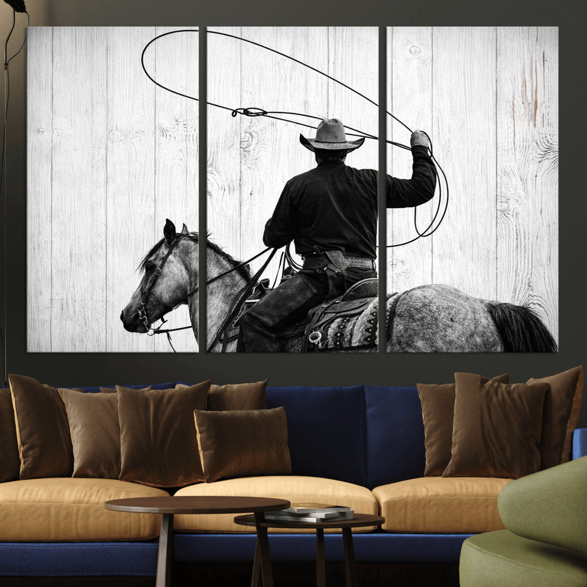 Cowboy Lasso Canvas Wall Art, Black White Western Horse