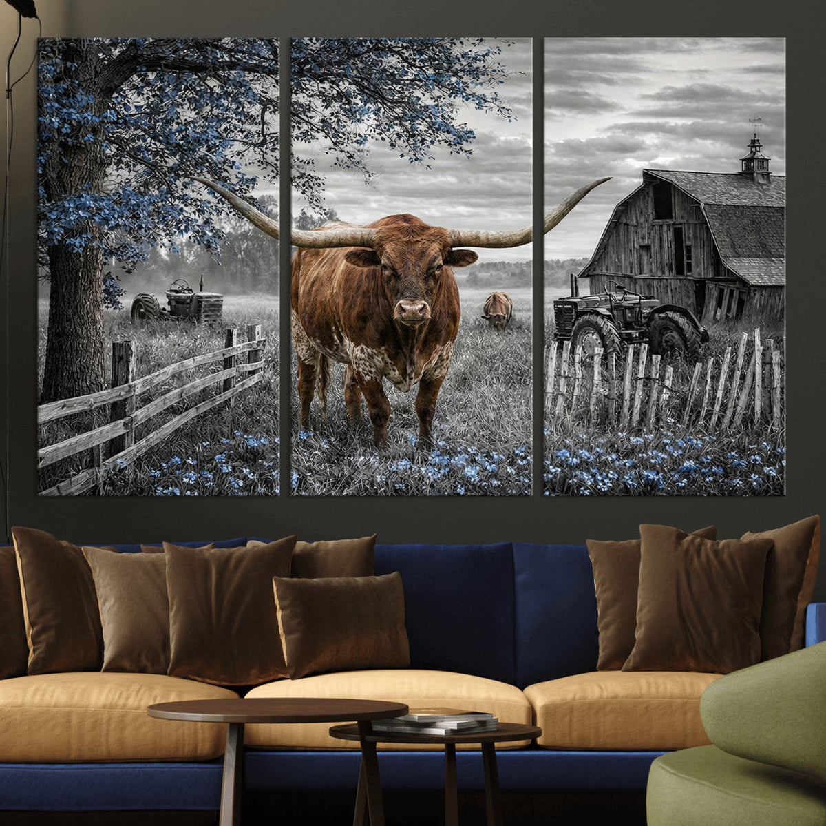 Texas Longhorn Canvas Wall Art, Rustic Farm Barn Bluebonnet