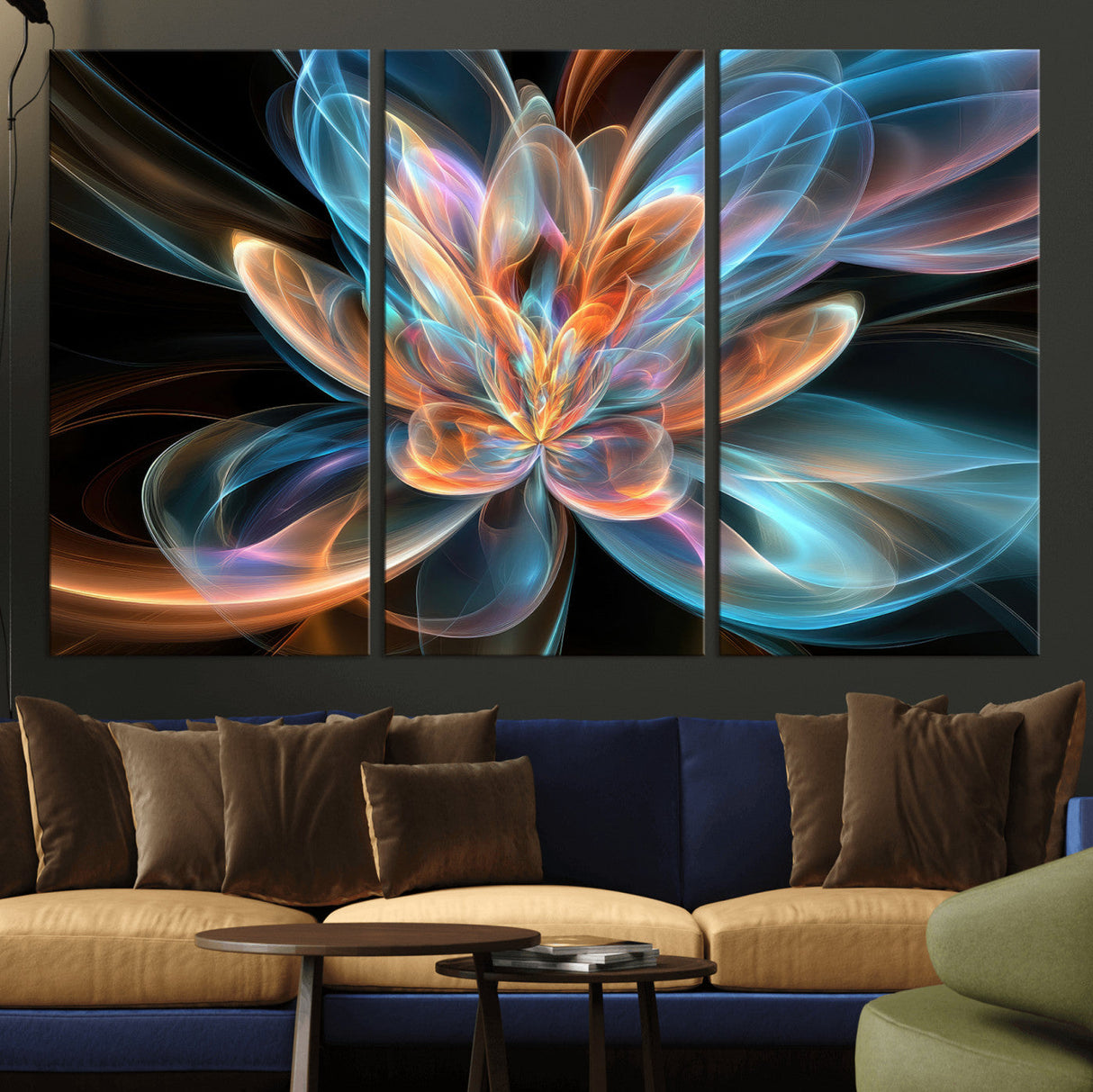 Fractal Lotus Canvas Wall Art, Blue Orange Glowing Flower Abstract Print, Modern Zen Meditation Room Decor, Ethereal Digital Art, Living Room