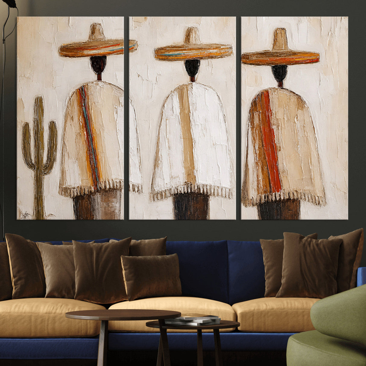 Mexican Wall Art Canvas Print, Southwestern Sombrero Poncho Painting, Neutral Earthy Boho Decor, Fiesta Living Room Art, Impasto Style Print