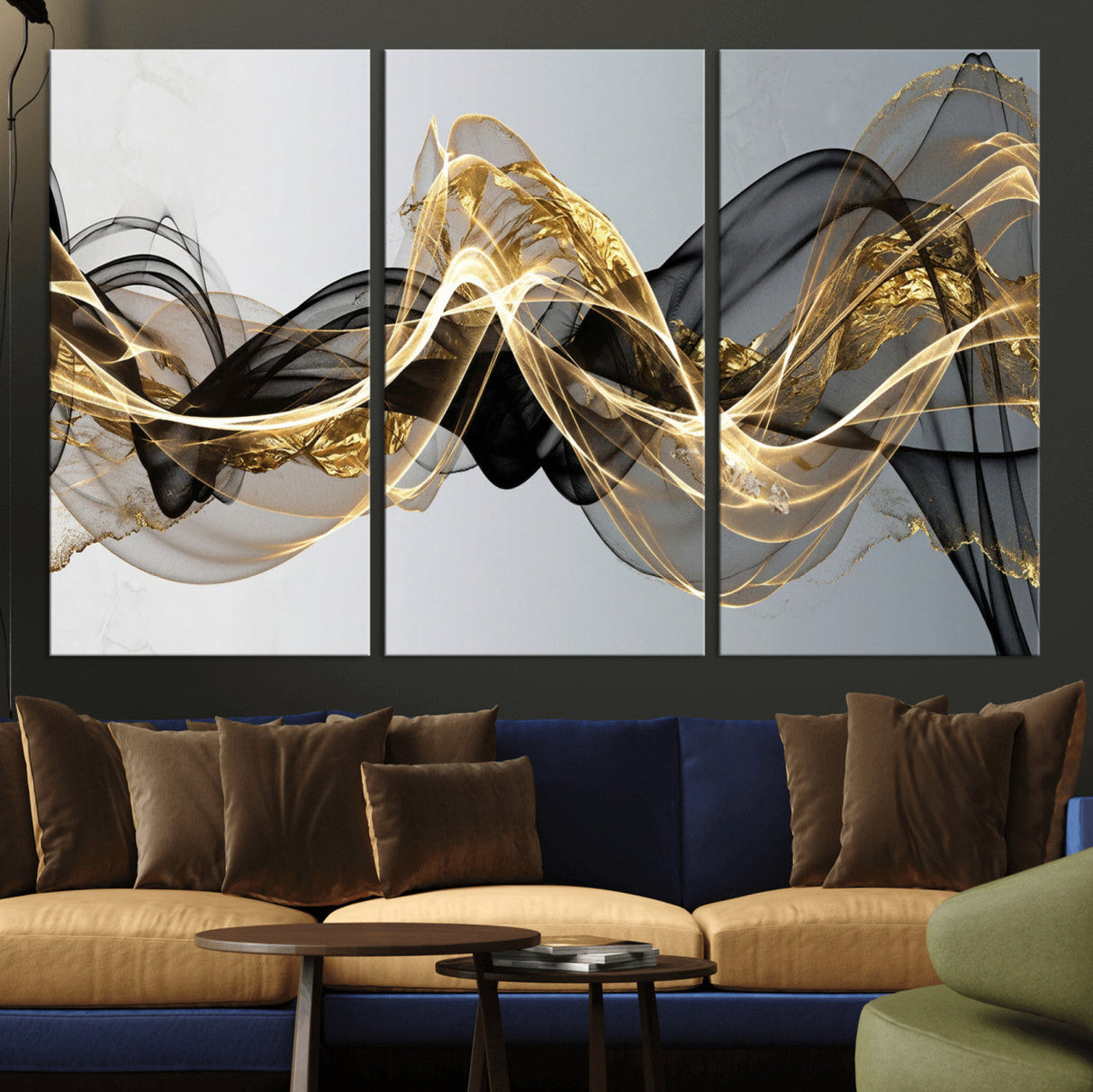 Black and Gold Abstract Wall Art, Modern Wave Canvas Print, Elegant Flowing Smoke Art, Luxury Living Room Decor