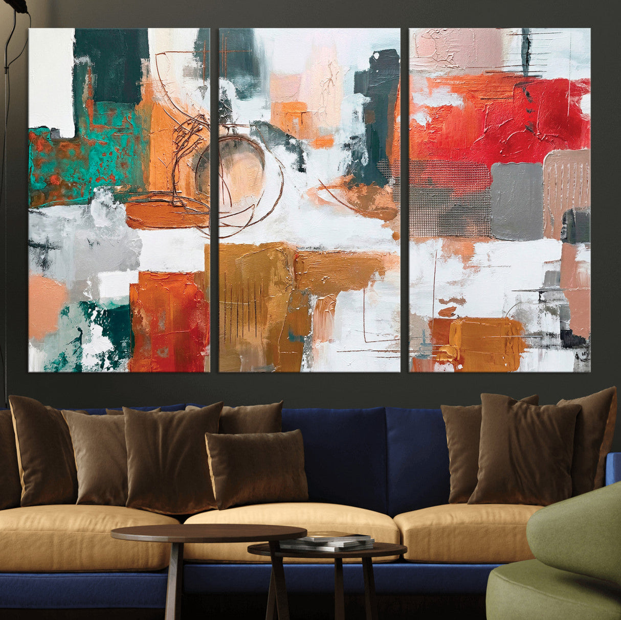 Blue Teal Abstract Canvas Wall Art, Modern Textured Painting Print, Navy Orange White Contemporary Art, Neutral Living Room Decor, Office Art