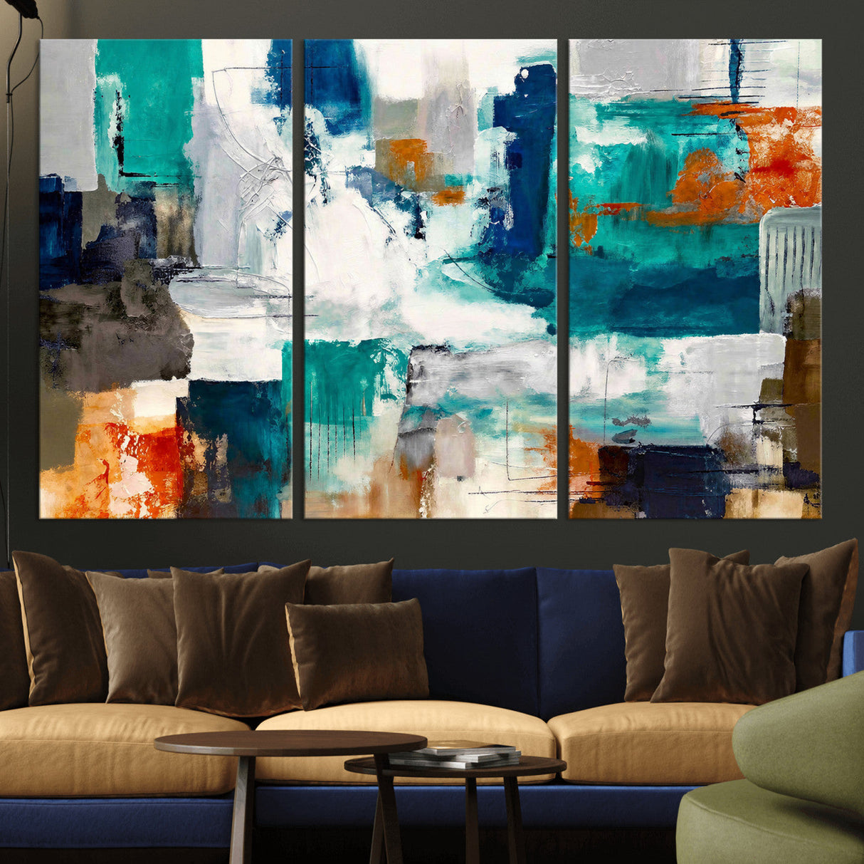 Blue Teal Abstract Canvas Wall Art, Modern Textured Painting Print, Navy Orange White Contemporary Art, Neutral Living Room Decor, Office Art