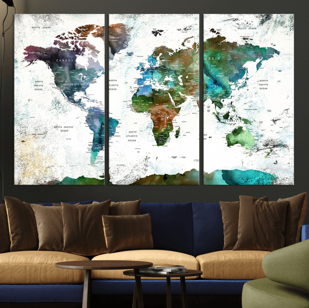 Modern Watercolor World Map Canvas Wall Art – Framed