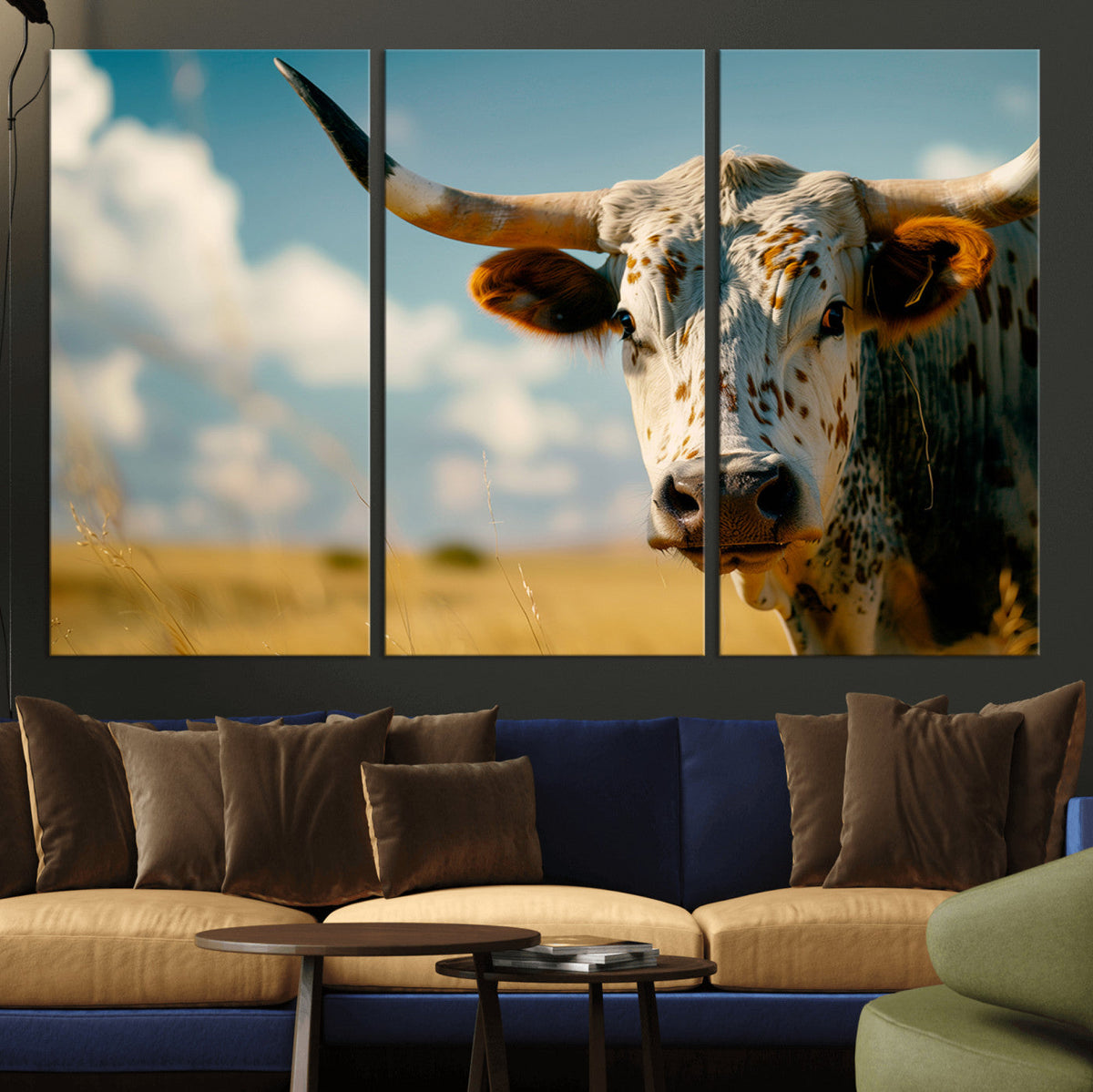 Longhorn in the Prairie - Stunning Ranch-Style Triptych Wall
