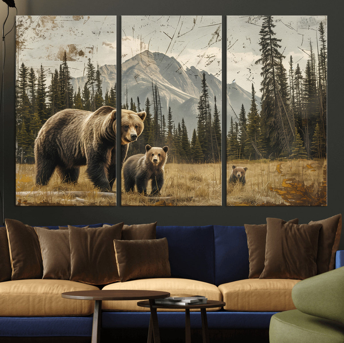 Rustic Grizzly 399 Bear Family Wall Art Canvas Print