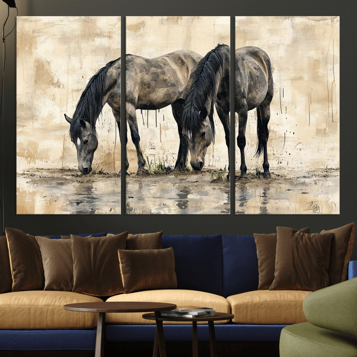 Chinese Style Abstract Black Horses Wall Art Canvas Print -