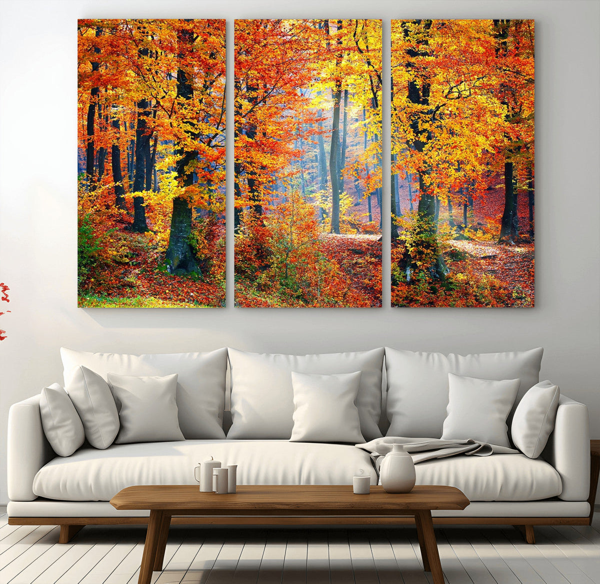 Autumn Red Forest Triptych Canvas Wall Art Print, Forest