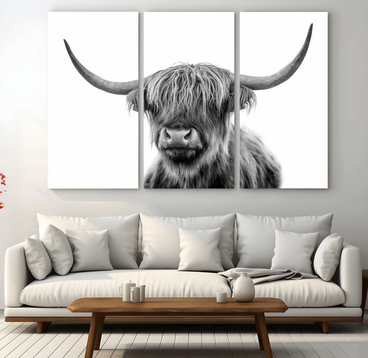 Grayscale Scottish Highland Cow Cattle Art Print Farmhouse