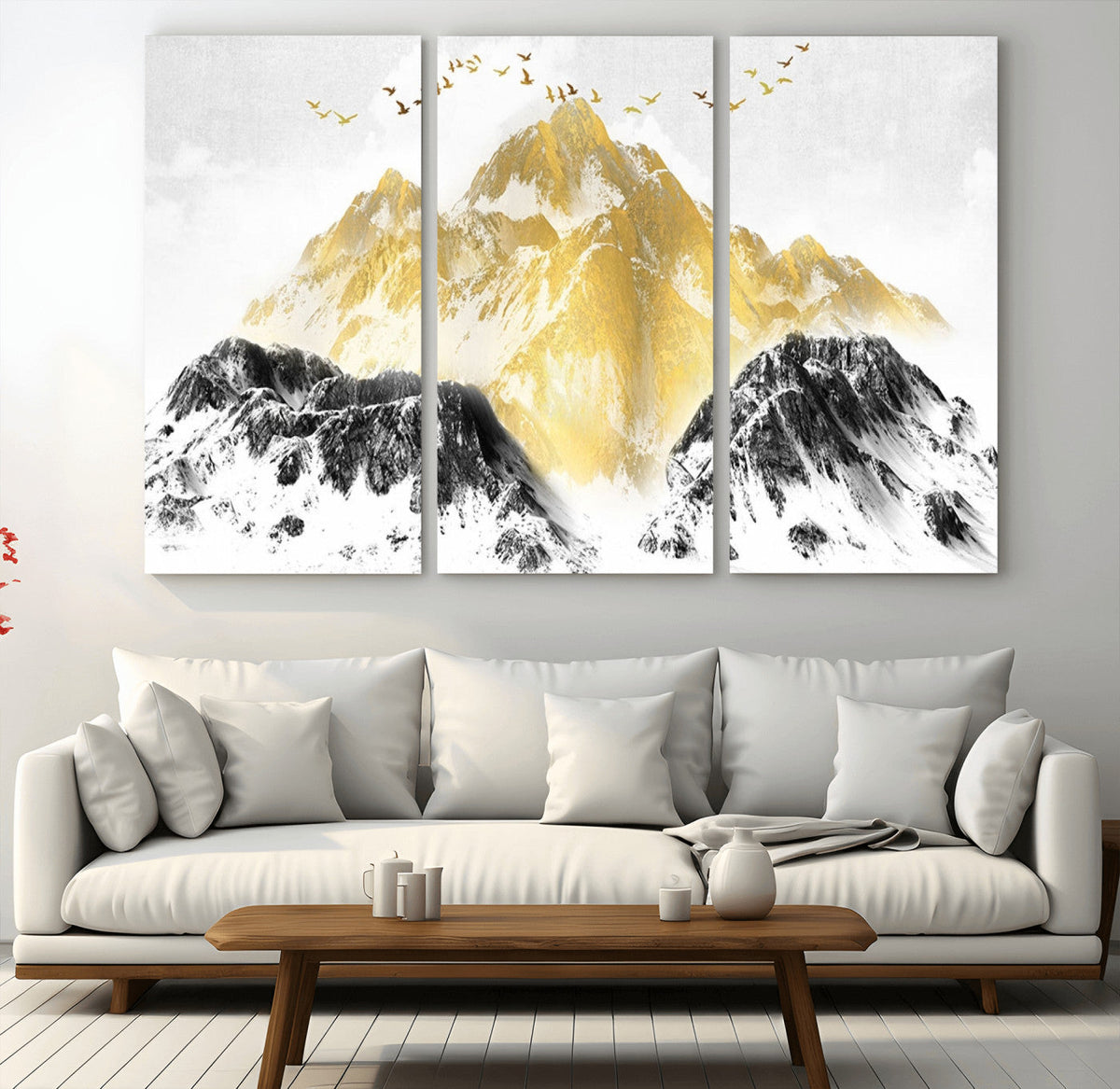 Golden Mountain Triptych Wall Art Canvas Print, Modern