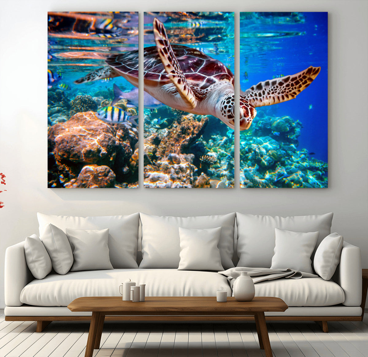 Underwater Coral Reef Sea Turtle Wall Art Canvas Print,