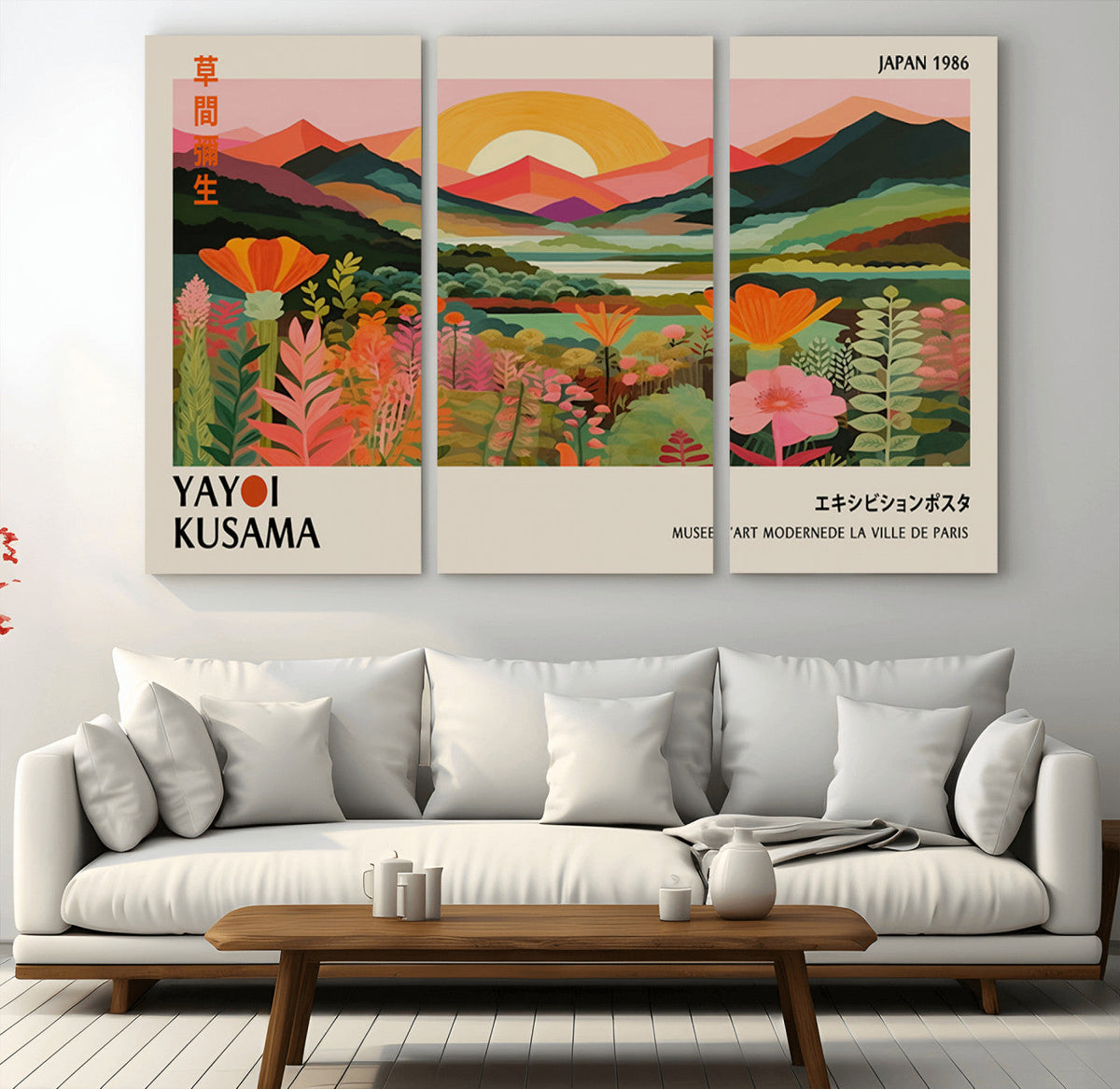 Framed Yayoi Kusama Print, Vibrant Floral Mountain Art