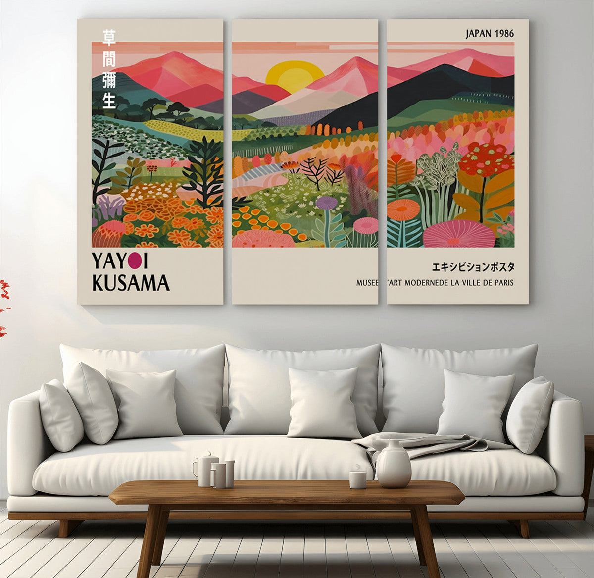 Yayoi Kusama Landscape Canvas Print, Vibrant Floral Mountain Art Print, Framed Botanical Wall Art -