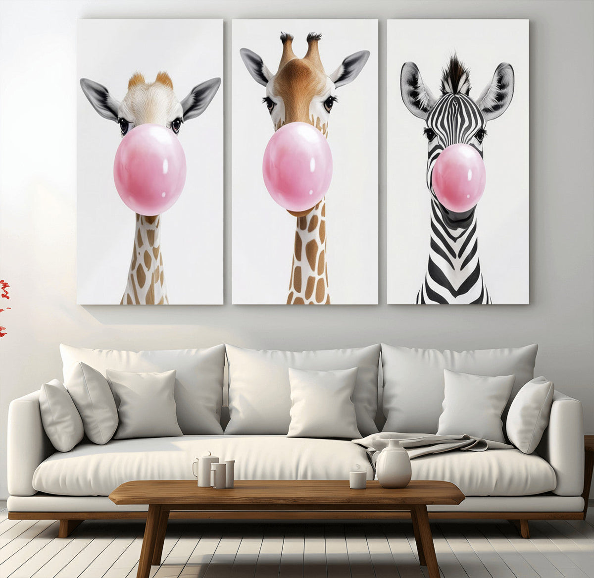 Bubblegum Animals Canvas Wall Art - Playful Giraffe and