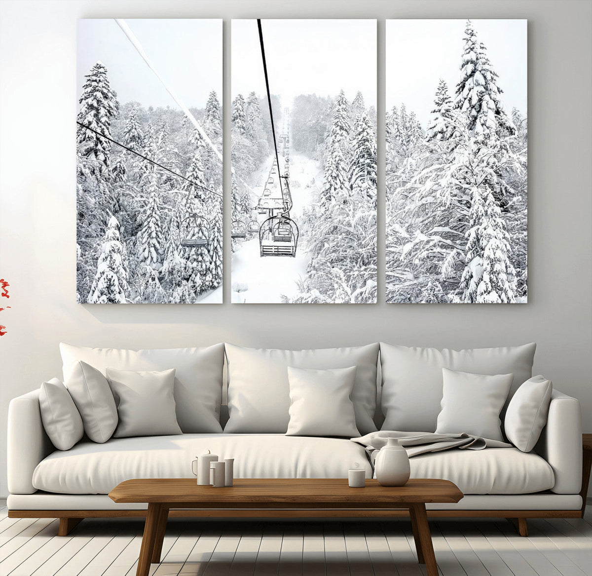 Snowy Ski Lift Wall Art – Framed Winter Mountain Canvas