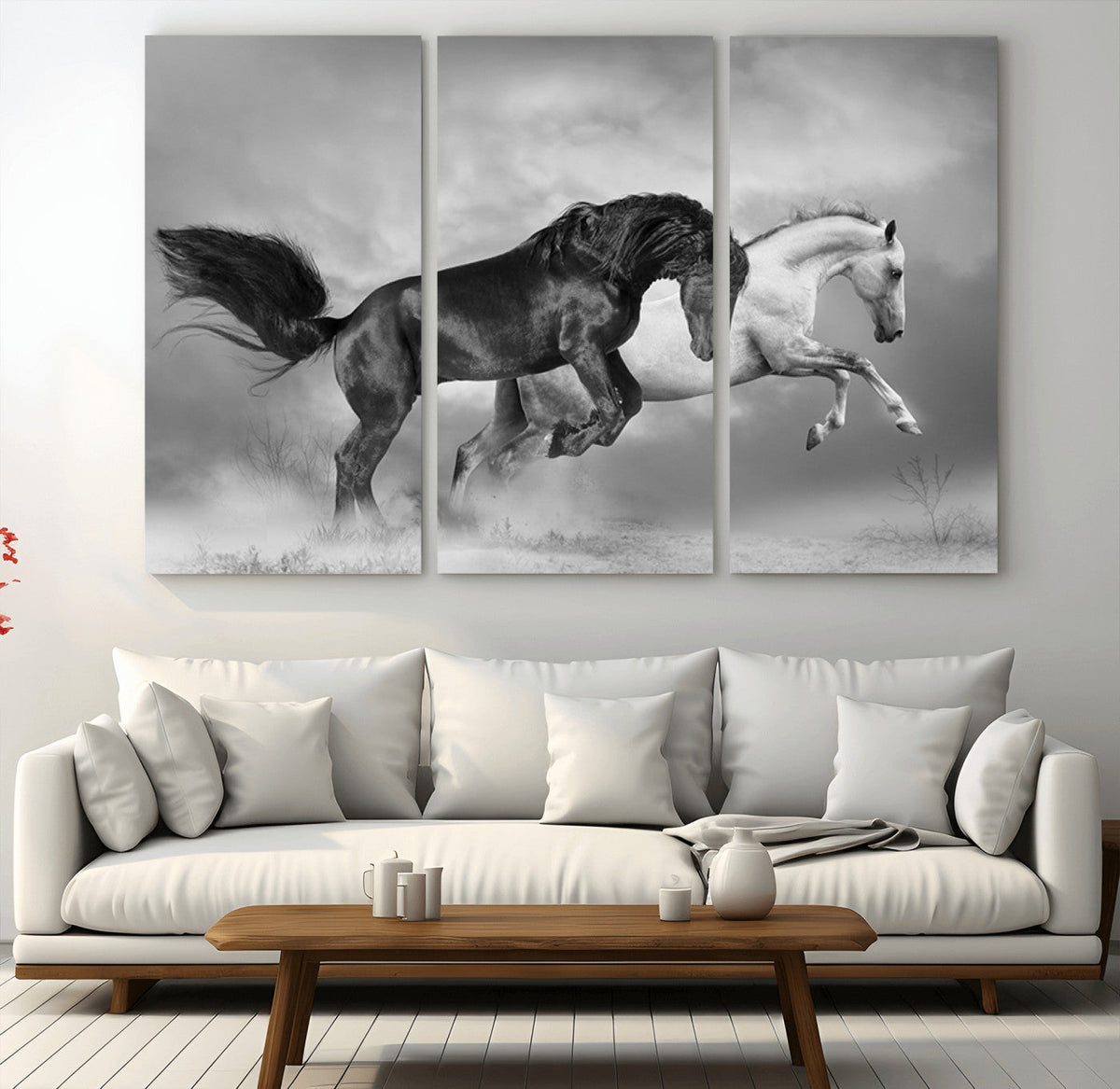 Wild Horses Wall Art Canvas Print – Framed Black and White