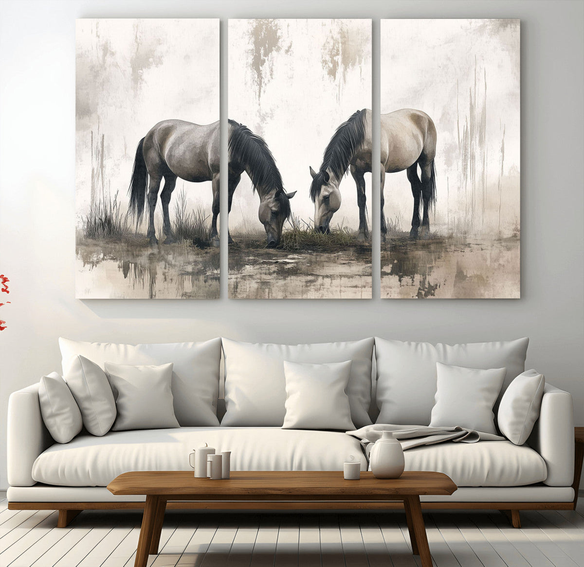 Chines Ink Style Vintage Horses Wall Art Canvas Print for