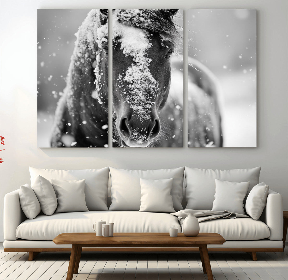 Black and White Horse Winter Wall Art | Ready to Hang and