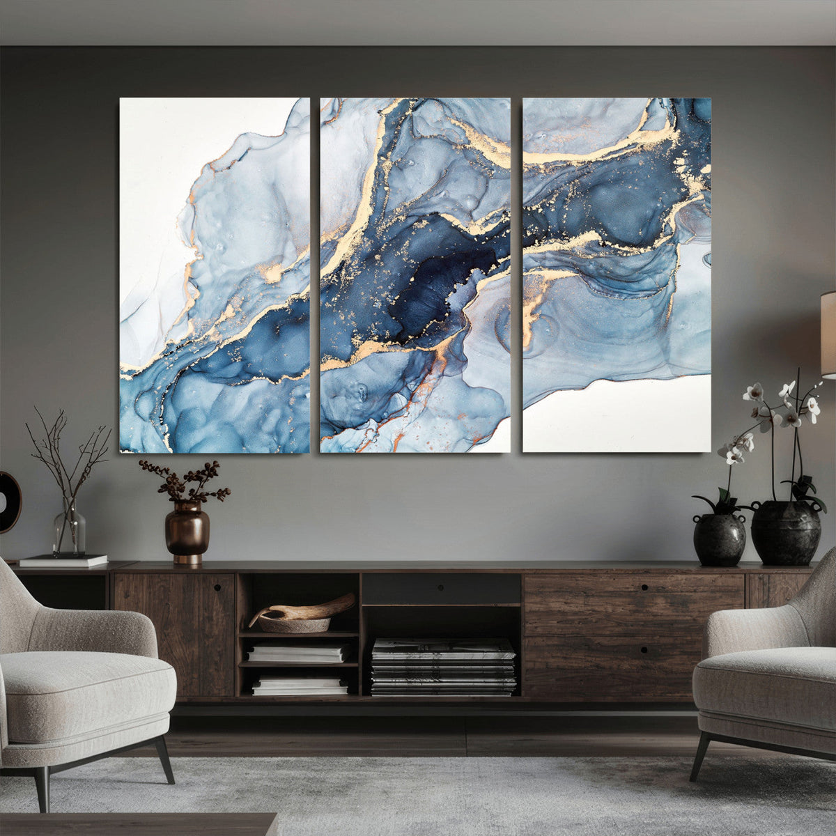 Blue Abstract Canvas Wall Art Print | Fluid Marble Effect Abstract Art