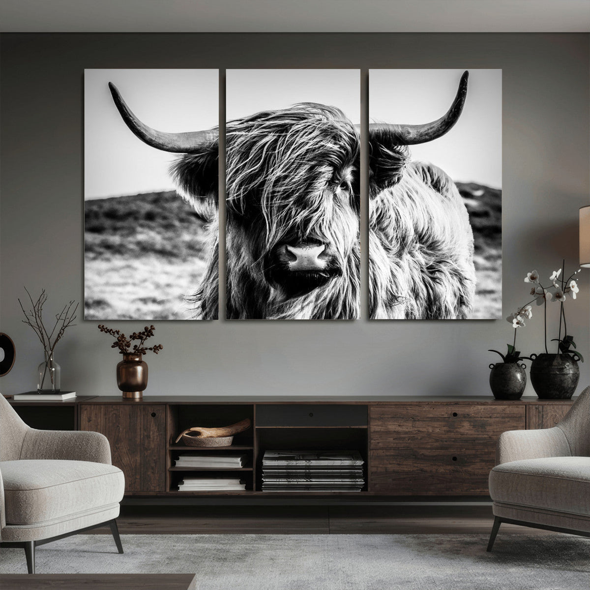 Black and White Scottish Cow Canvas Wall Art Highland Cattle