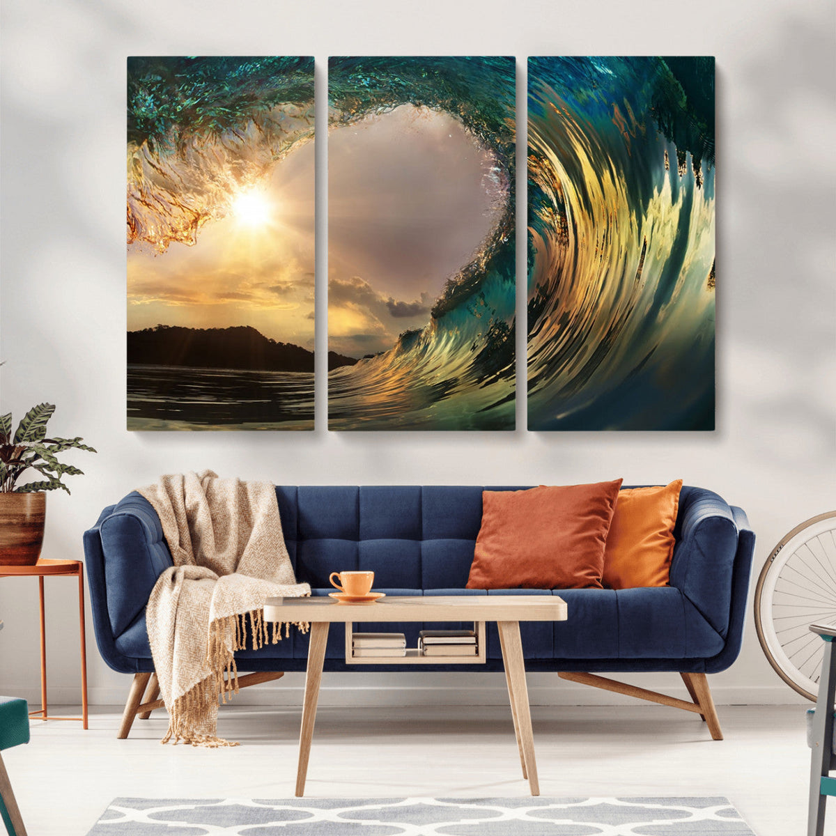 Golden Wave Sunset Canvas Print – Large Coastal Wall Art for