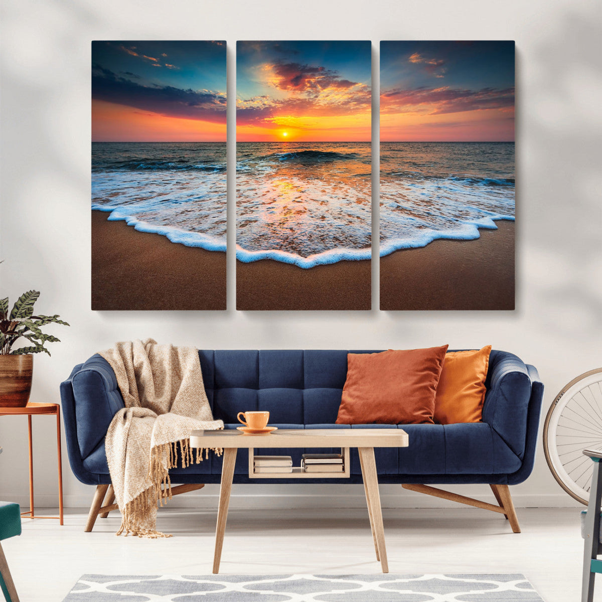 Sunset Beach Canvas Wall Art – Colorful Ocean Waves Triptych