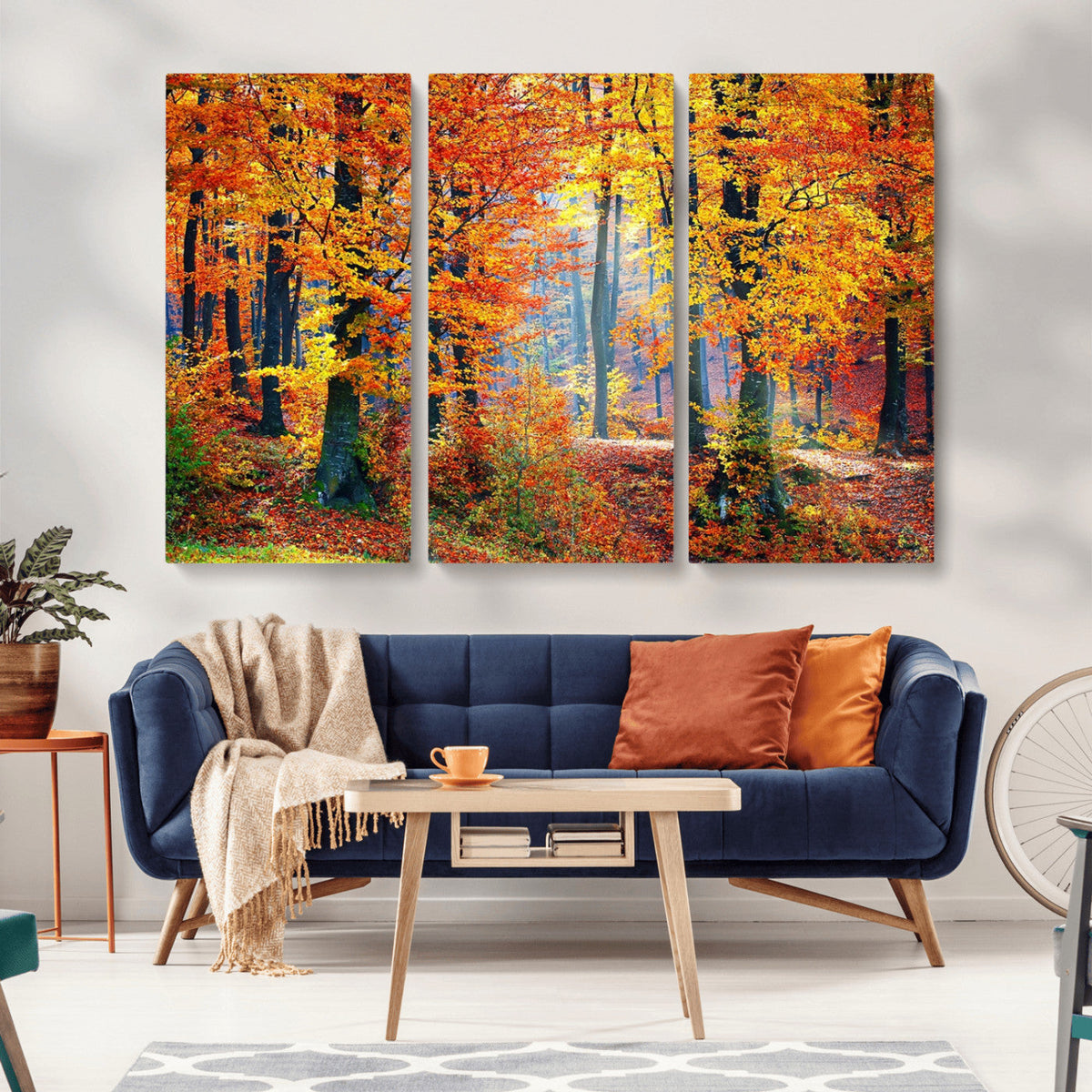 Autumn Red Forest Triptych Canvas Wall Art Print, Forest