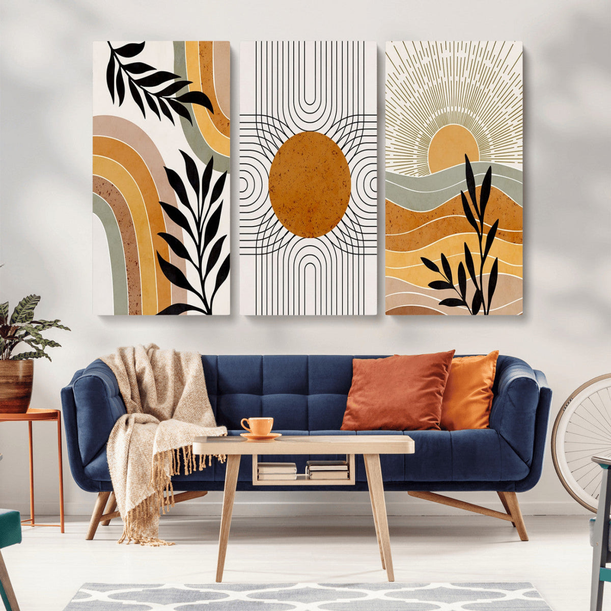 Modern Boho Sun and Leaf Abstract Art – 3-Panel Giclée