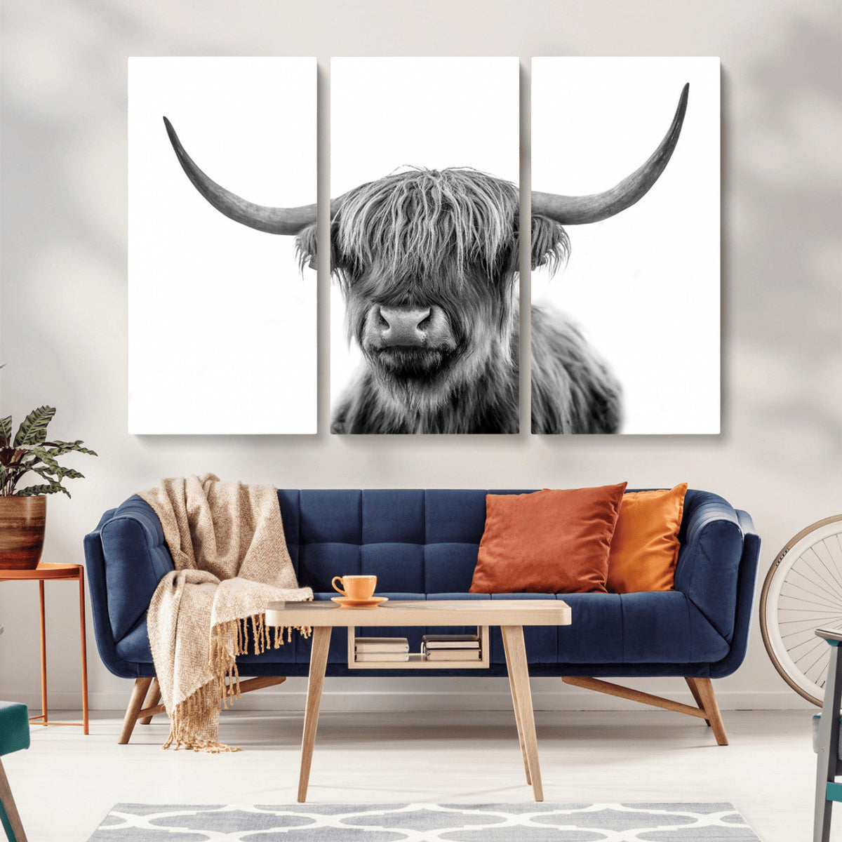 Grayscale Scottish Highland Cow Cattle Art Print Farmhouse
