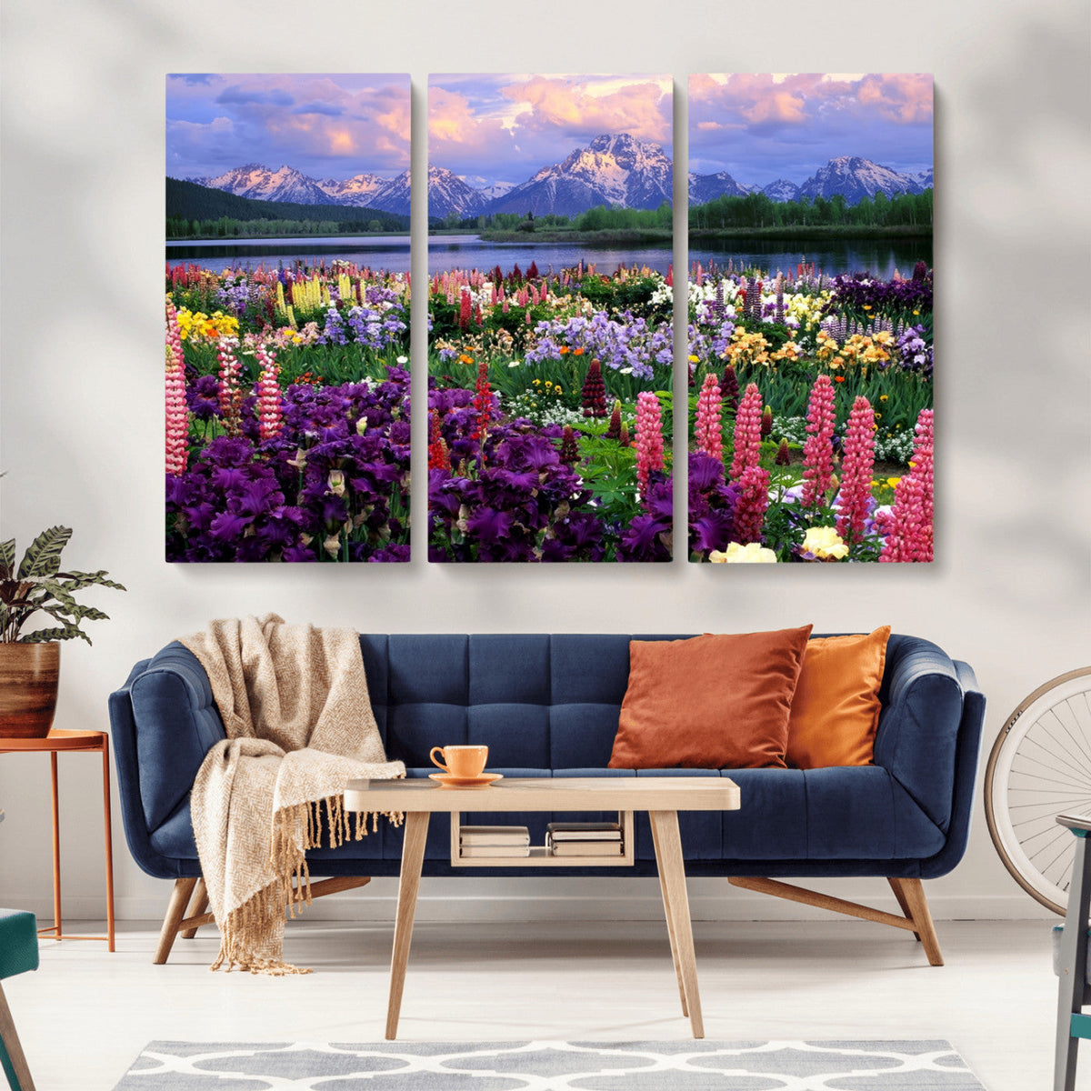Vibrant Wildflower Garden and Mountain View Giclee Canvas