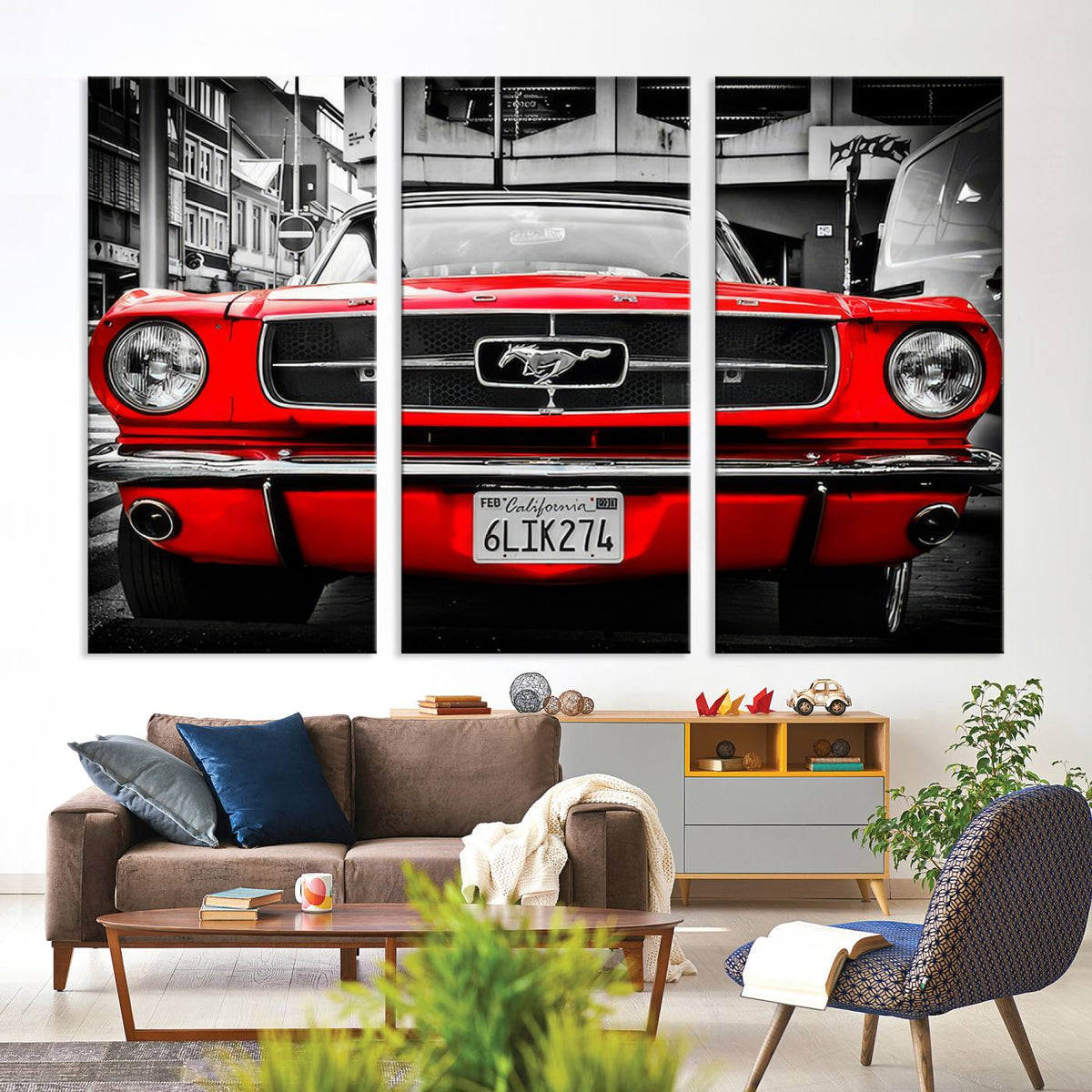Red Mustang Car Wall Art – Framed Classic Vehicle Canvas