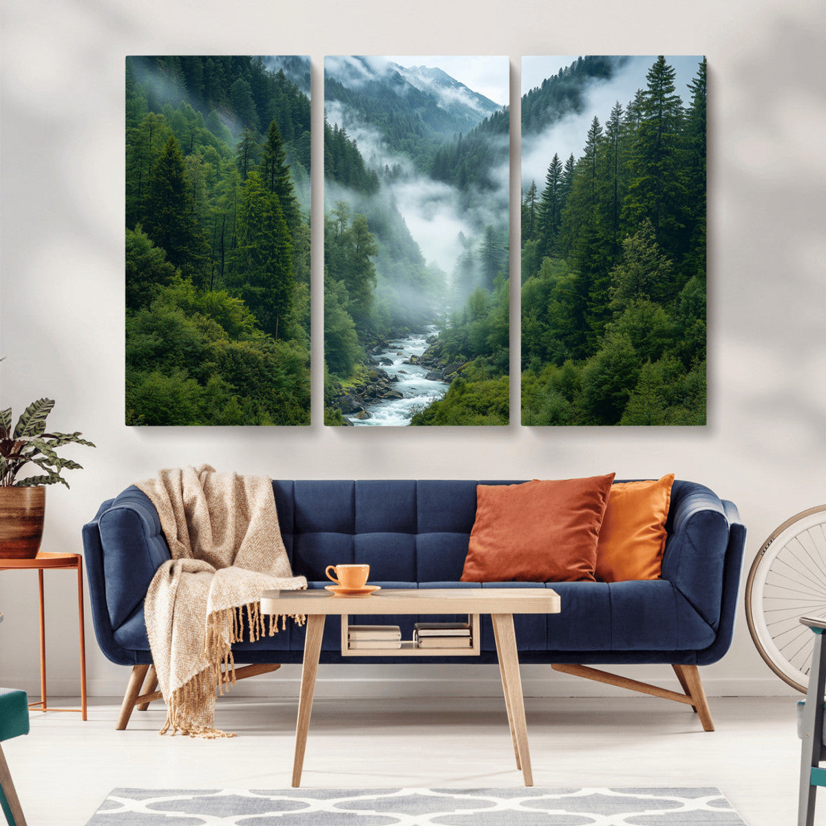 Mountain Forest River Canvas Wall Art Print - Serene Nature