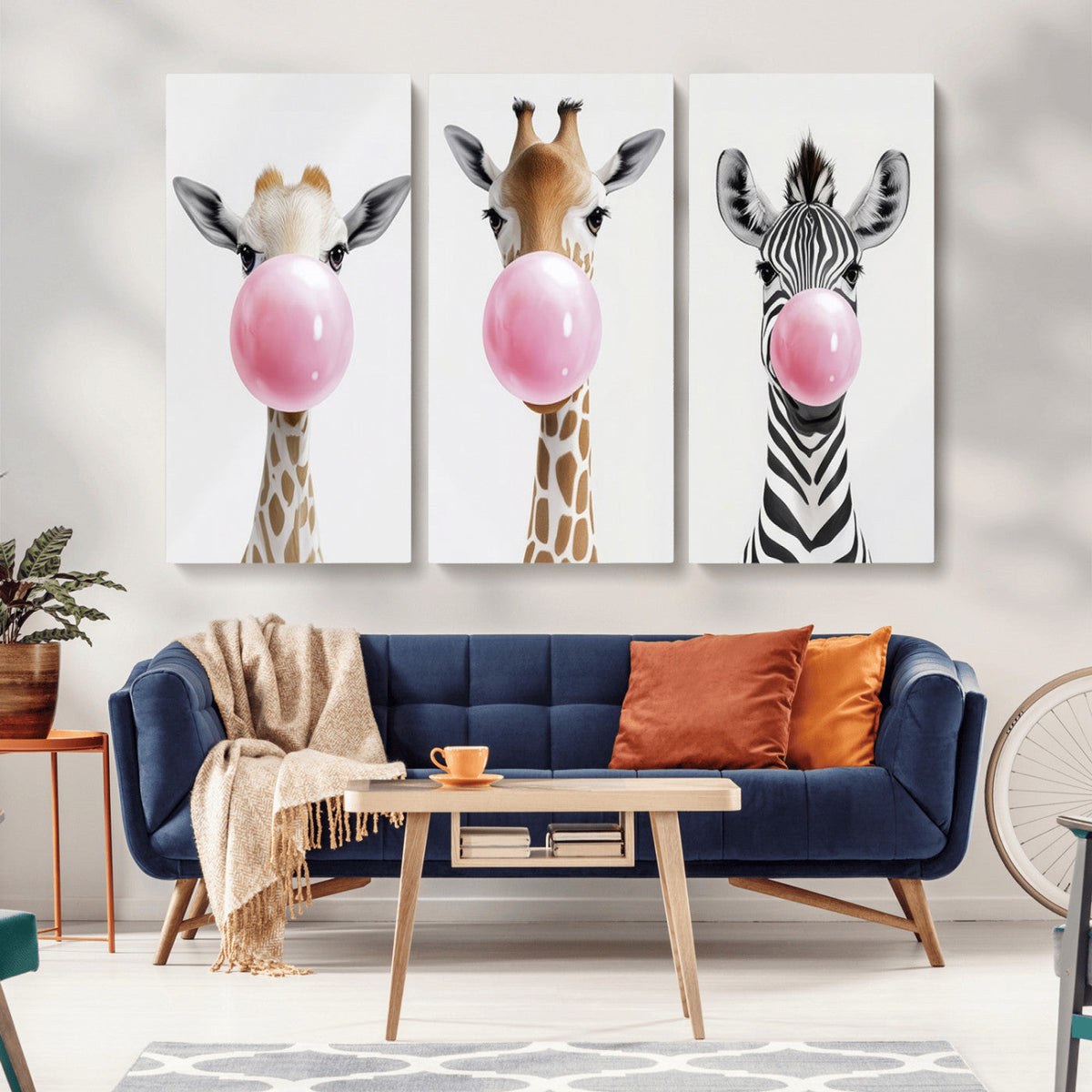 Bubblegum Animals Canvas Wall Art - Playful Giraffe and