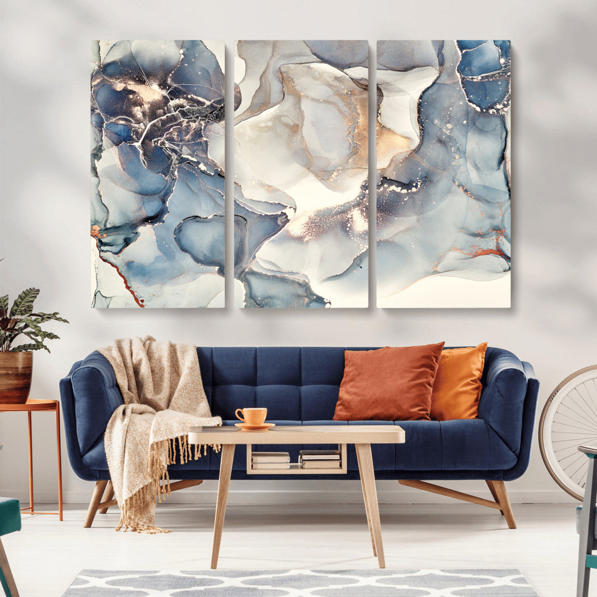 Abstract Blue and Gold Canvas Wall Art - Fluid Modern Ink